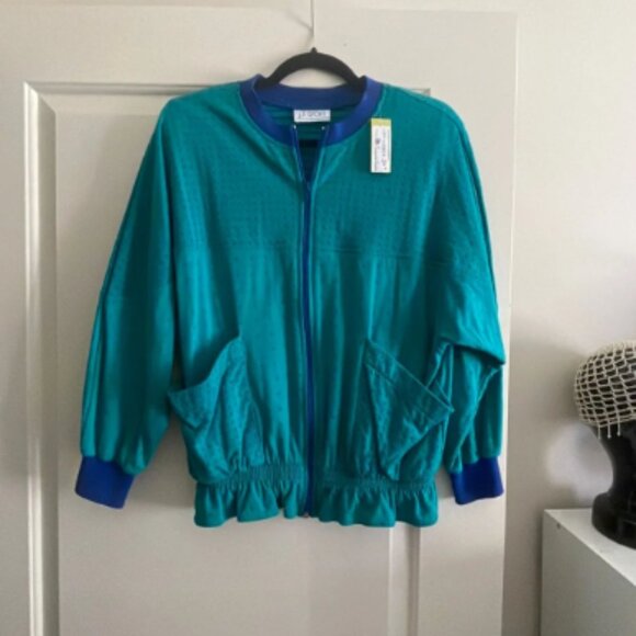 80s Turquoise Blue Polka Dot Peplum Sport Zip Sweater - Picture 2 of 4